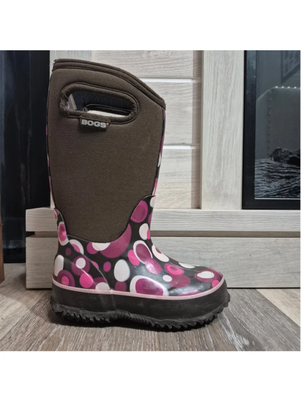 Girls Bogs Winter Boots Brown and Purple Polka Dot Pattern sz 10